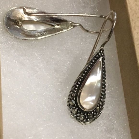 Sterling Silver 925 Marcasite Outlined Mother of Pearl Drop Earrings - Picture 9 of 13